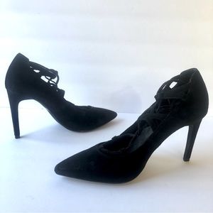 JEFFEREY CAMPBELL BLACK SUEDE LACE UP ANKLE WRAP TIE PUMPS SIZE 7